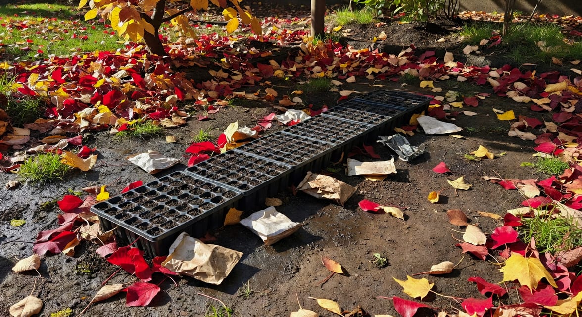 秋天花園一排穴盤含濕潤介質,旁邊種子包裝袋置陰涼角落。