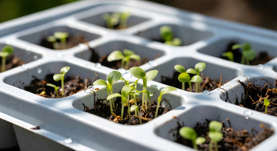 白色穴盤中嫩綠新芽破土,子葉展開,介質表面水珠閃耀。