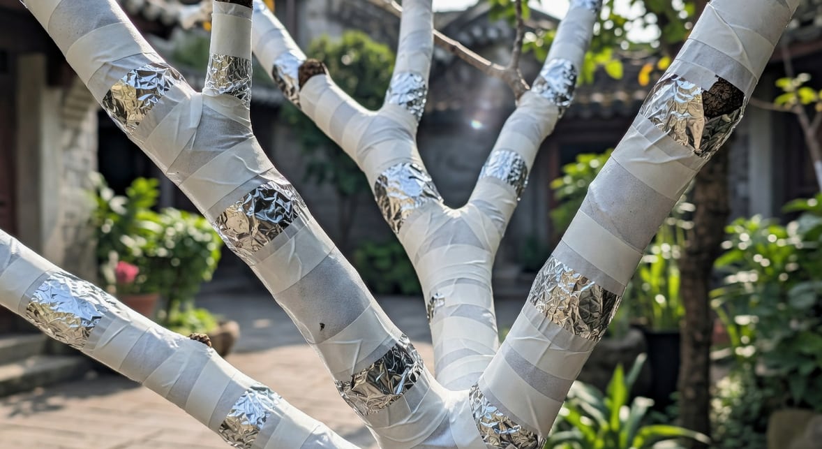 戶外樹枝空氣壓條包覆完成：銀色薄膜和膠帶封口，模糊台灣庭院背景。