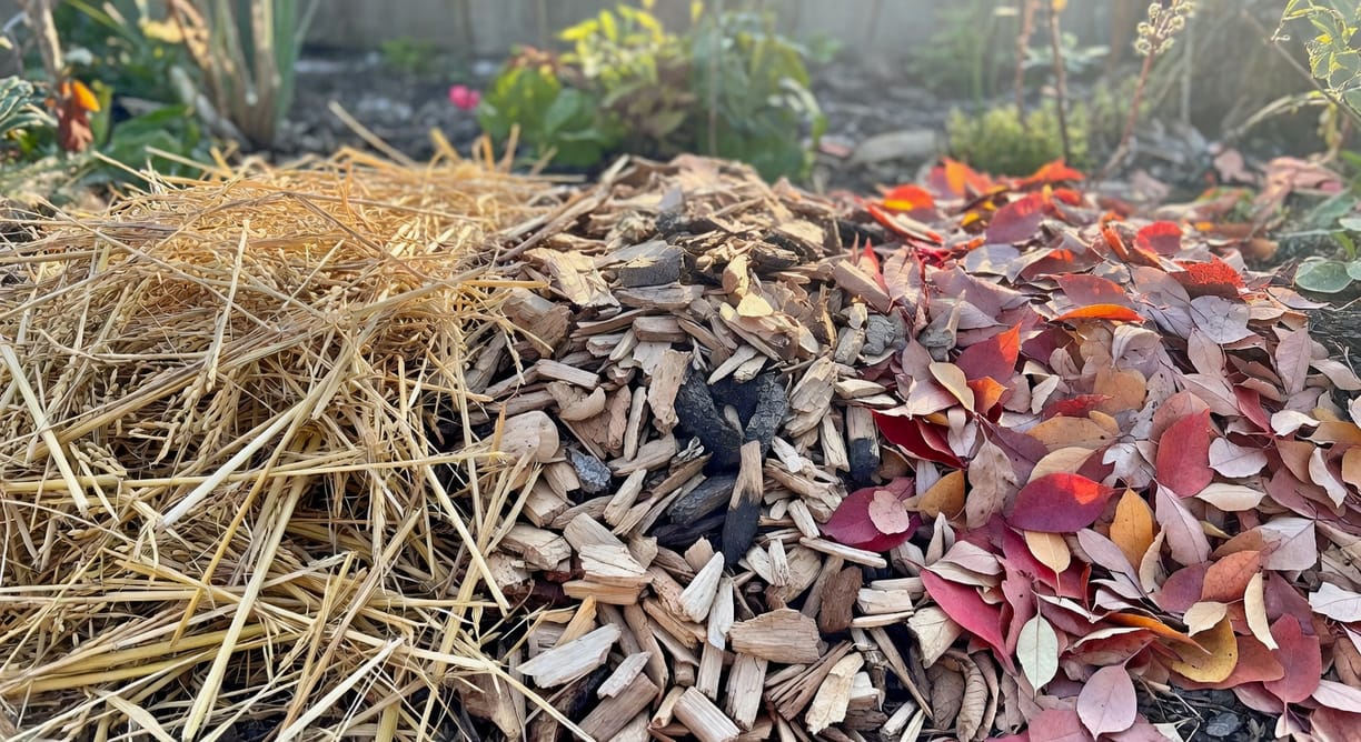 花園護根材料並排特寫：稻草、木片、落葉，標示差異，清晨光線