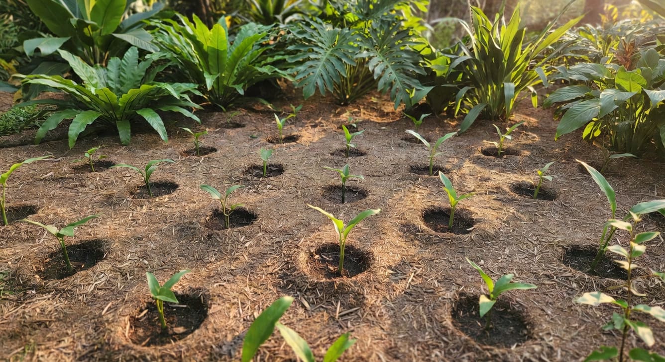 台灣植物床護根俯瞰，植株基部留空間，覆蓋均勻，背景熱帶觀葉植物
