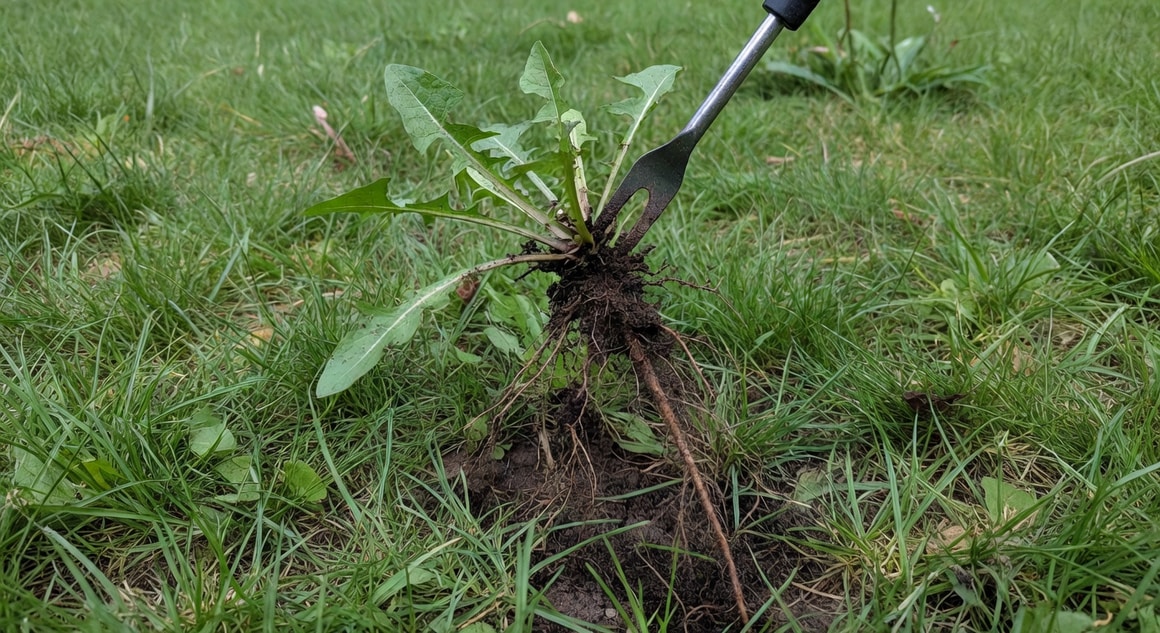 園丁用叉型除草工具挖出蒲公英根部動作，顯示長主根，草坪背景，自然光，無人物