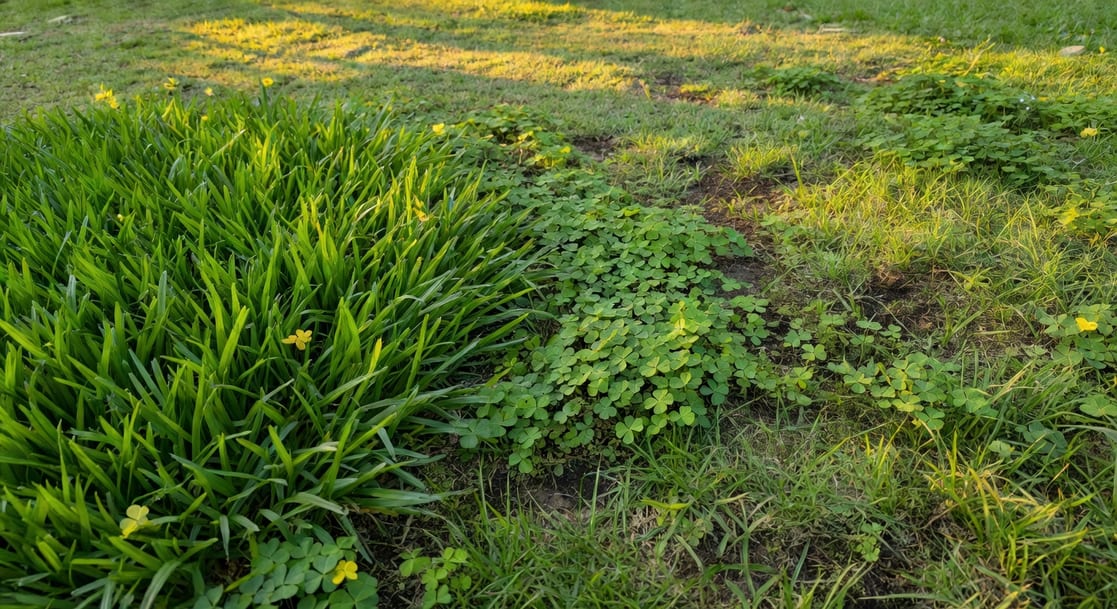 健康密實草坪局部少量酢漿草,對比右側稀疏草坪大量入侵,台灣庭院