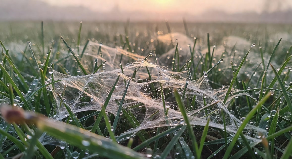 草坪早晨特寫，草葉上白色蜘蛛網狀菌絲和水珠，清晨低角度光線，無人物