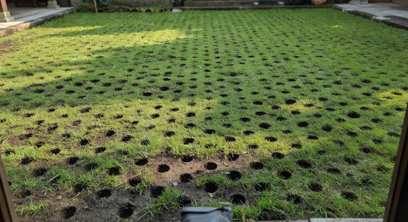 台灣庭院草坪修復打孔通氣，工具留下整齊小孔陣列，孔深清晰，無人物