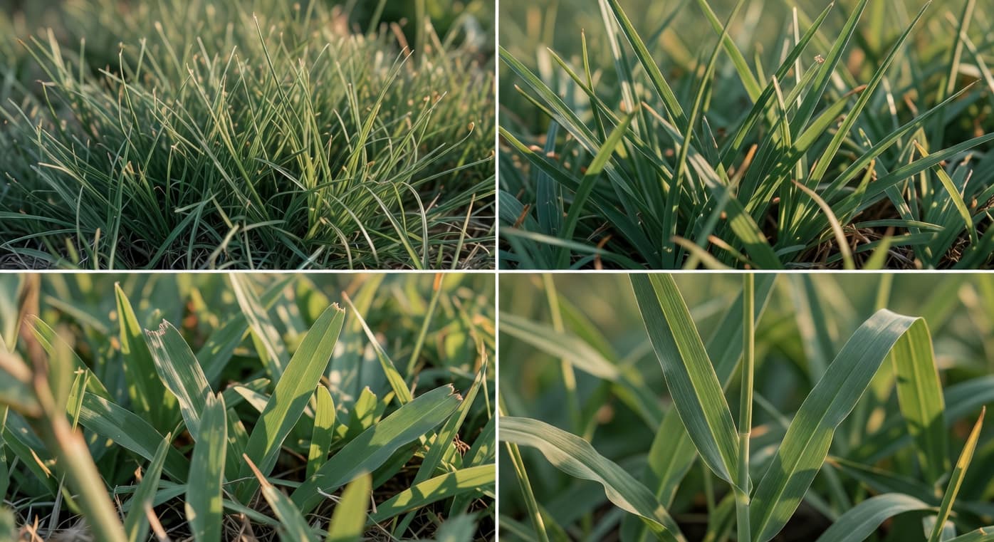 四種台灣草坪草種葉片近比:結縷草、百慕達草、地毯草、聖奧古斯汀草,四格對比教學圖。