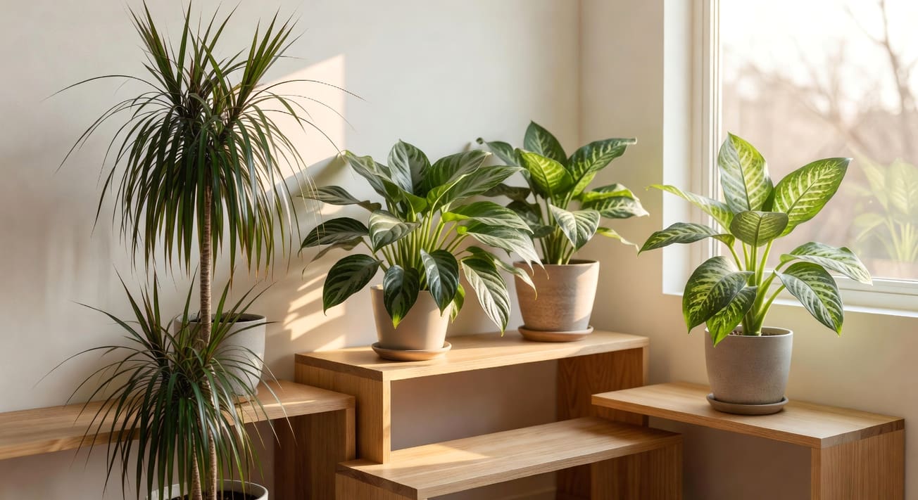 日式窗邊木架上龍血樹萬年青黛粉葉，清晨光線照射銀綠葉片層次，白色牆面反光寧靜氛圍