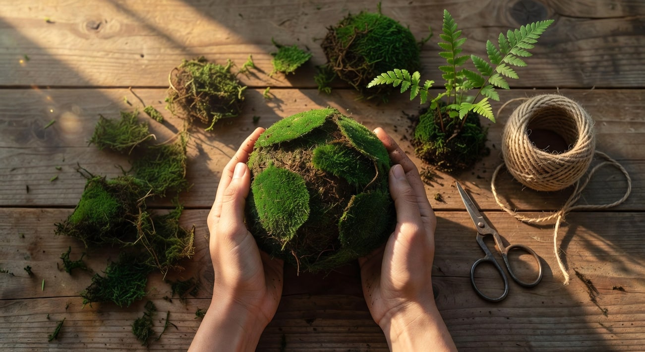 苔球製作俯視圖，雙手捧半成品，桌上苔蘚工具，自然光照亮工藝細節