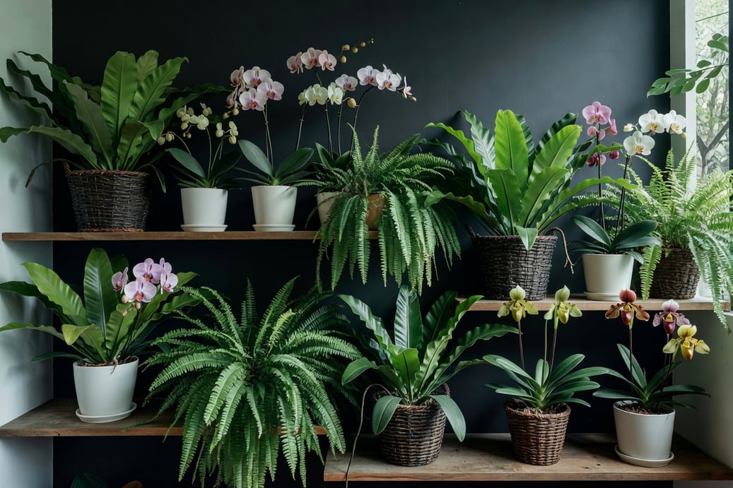 室內植物設計:木架陳列蝴蝶蘭、鳥巢蕨等,深色背景突出綠色,散射光與陶盆藤籃搭配。