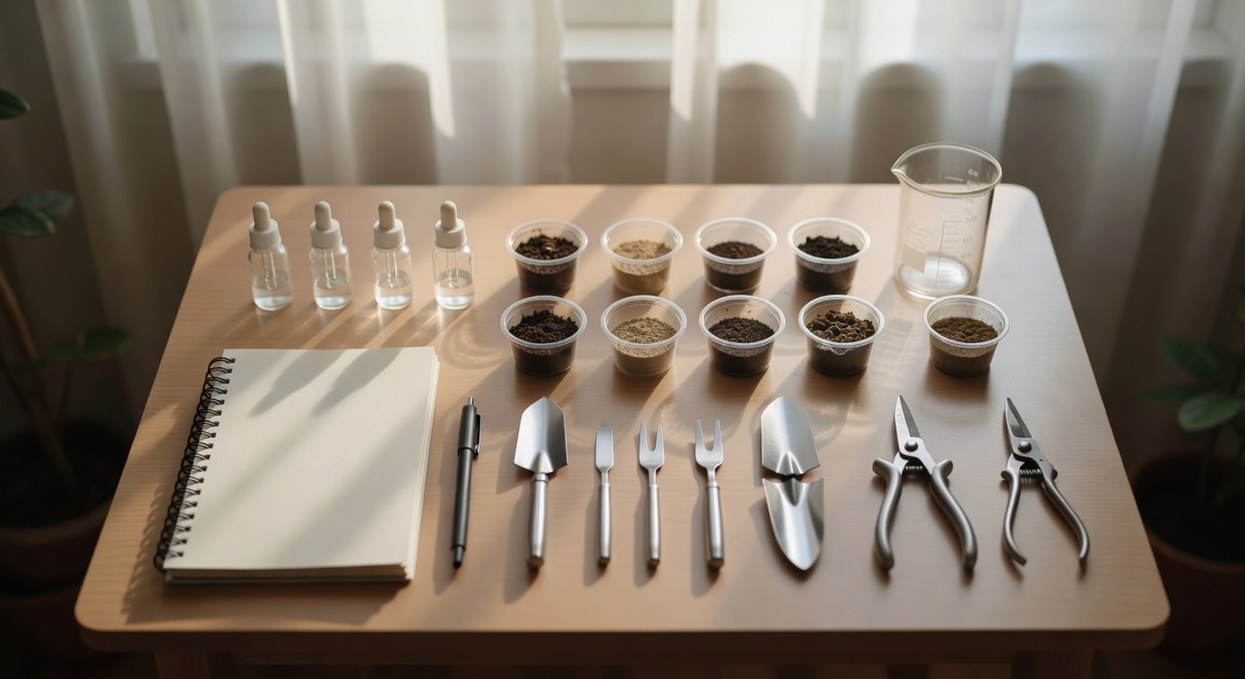 園藝桌上pH試劑、土壤樣本杯、量杯和筆記本整齊擺放,俯拍明亮自然光