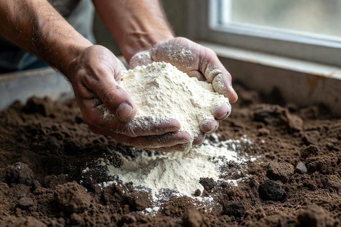 園丁雙手捧石灰粉末準備撒入翻鬆深棕色土壤,特寫自然光質感清晰