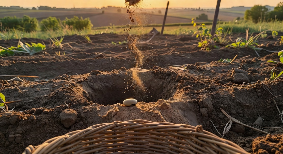 農夫撒入棕色菌肥粉末到種植穴旁豆類種子，田園背景寫實攝影