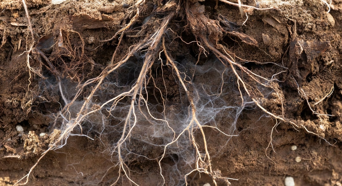 健康土壤剖面根系穿透腐植質層，周圍白色菌絲網絡科普插圖