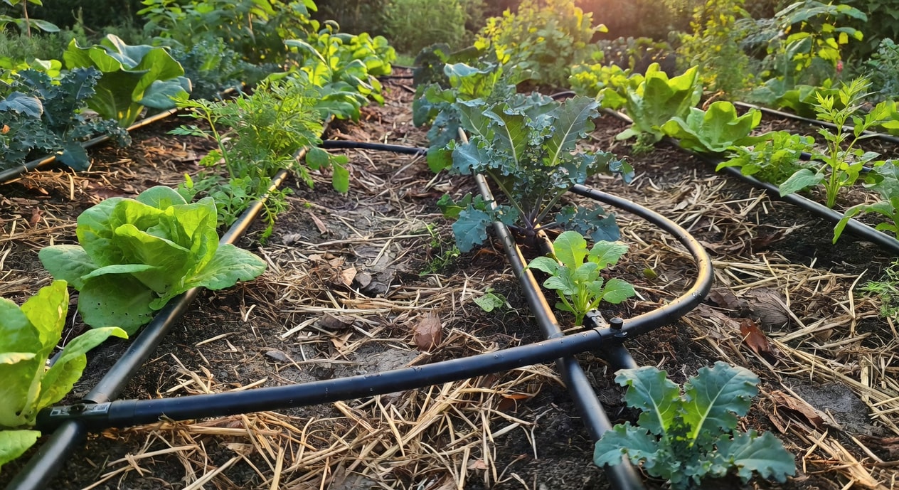菜園滴灌系統特寫，黑色滴管延伸蔬菜行間，土表有機覆蓋層，背景整齊植株自然光