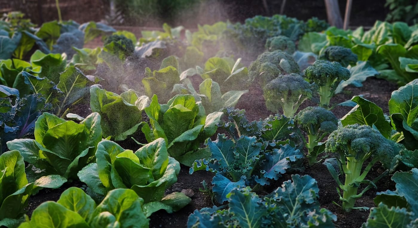 園丁清晨噴施病害預防噴劑，細霧均勻覆蓋蔬菜葉片，柔和晨光背景健康蔬菜