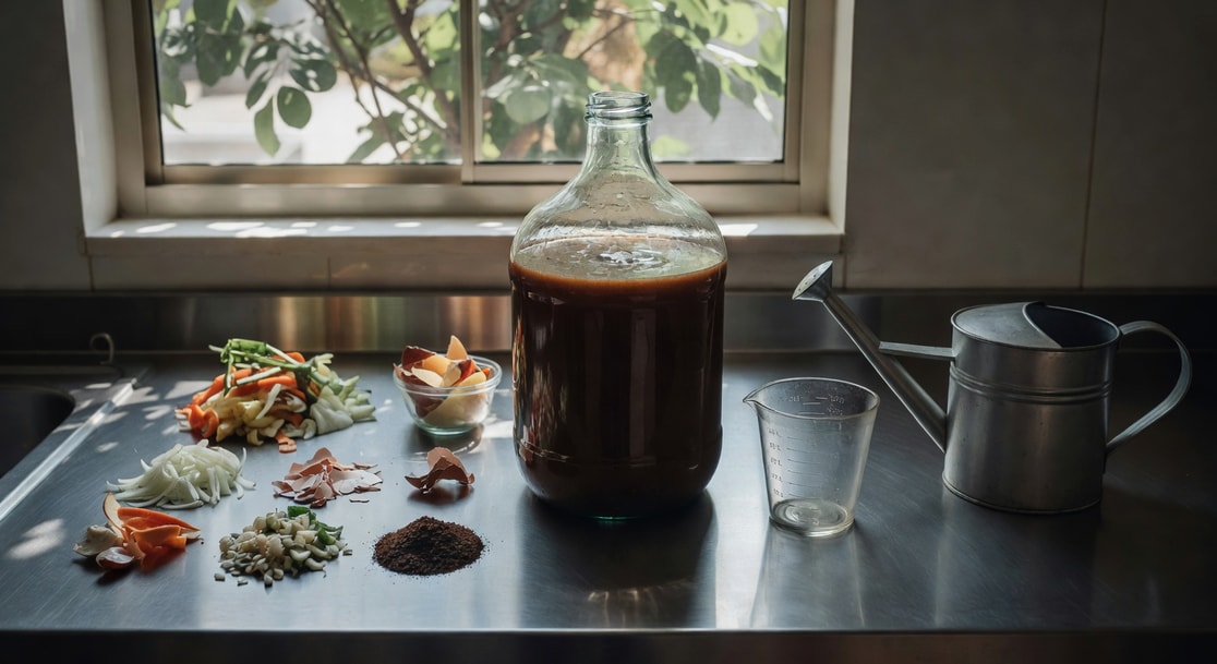 玻璃大桶裝深棕色有機液肥，旁邊量杯和澆水壺，廚餘材料整齊陳列，窗邊自然光，乾淨工作台。