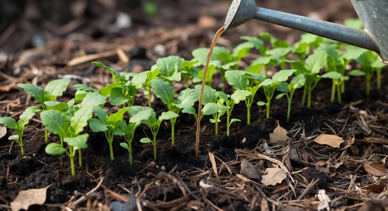 園丁用澆水壺澆施稀釋棕色液肥到蔬菜苗根部，地表有機覆蓋，清晨柔和光線，整排蔬菜苗生長畫面。