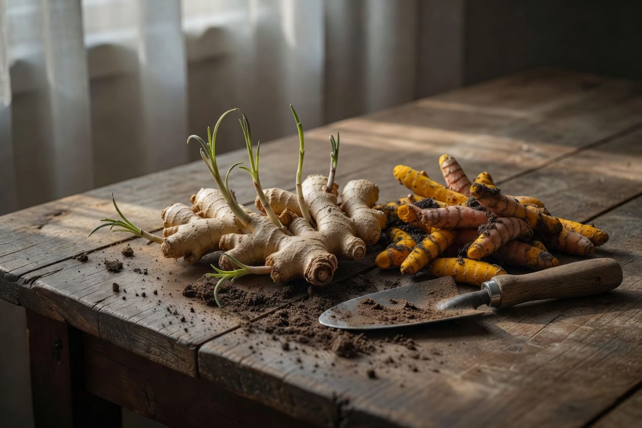 近拍生薑根莖帶嫩芽，木桌放薑黃根和鏟子，自然土色調暖光。