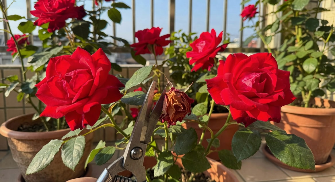 近拍玫瑰植株剪殘花：園藝剪刀剪凋謝玫瑰，旁邊盛開紅玫瑰，陽台環境自然光