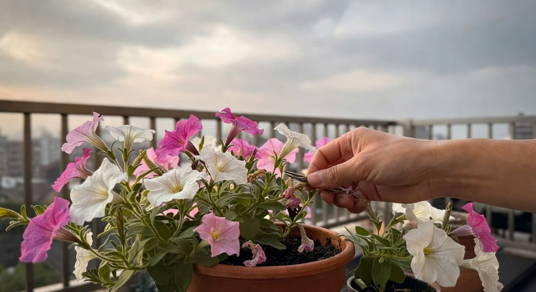 台灣陽台晨光下手部修剪矮牽牛殘花，盆栽多色矮牽牛盛開，背景欄杆和城市景觀