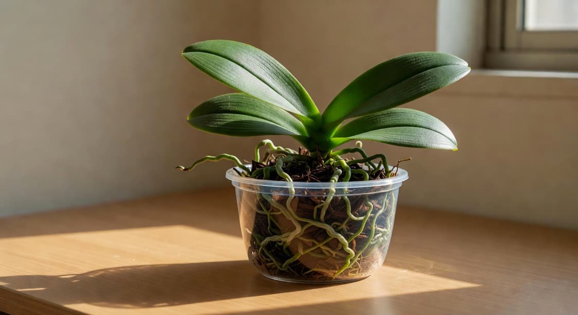 透明塑料盆中蝴蝶蘭根系細節，氣生根在木屑上，葉片寬大健壯，窗光側照。