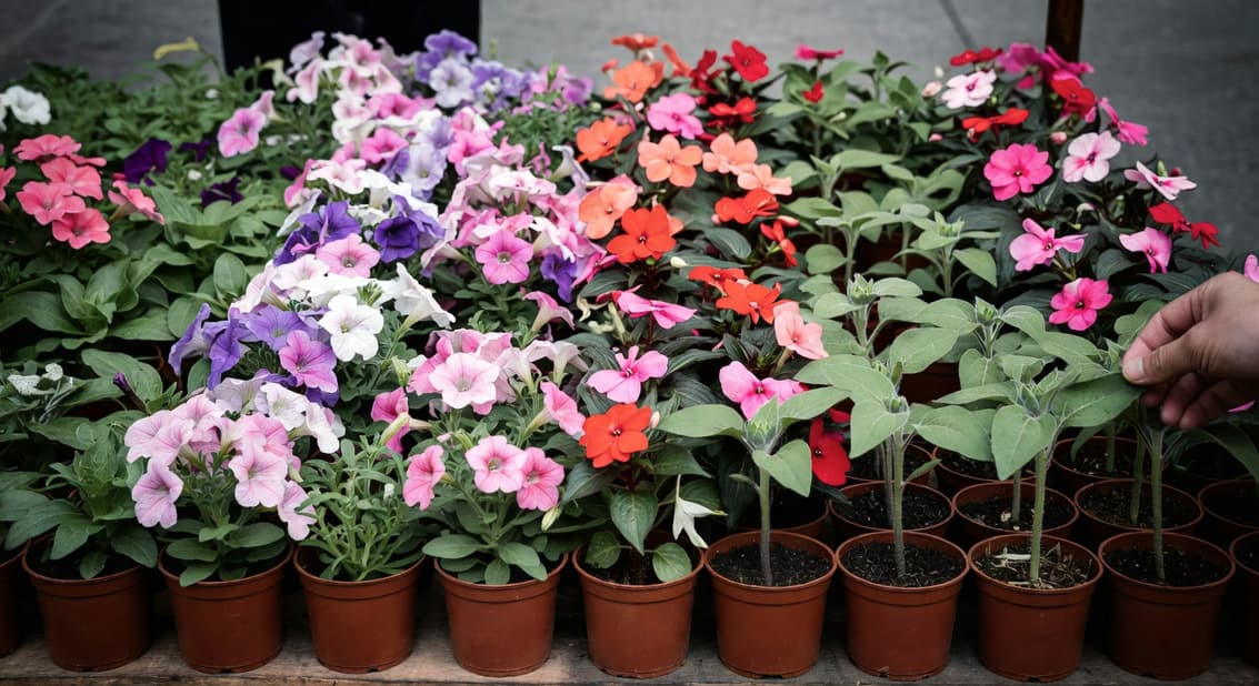 台灣花市攤位特寫，一排整齊春季植物苗如矮牽牛和向日葵，盆標售價，顧客手翻看葉片。