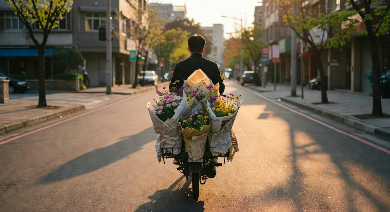 台灣春天下午，機車籃內報紙包裹植物，花朵從縫隙露出，城市街道背景，從背後拍攝。