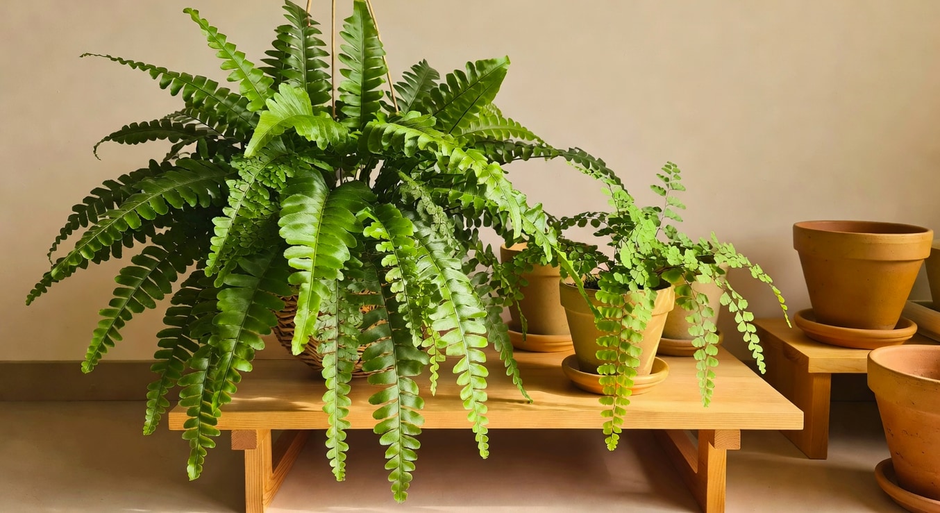 室內腎蕨從懸掛籃垂落，配矮盆鐵線蕨，日式木架，陶土花器，清晨溫暖光