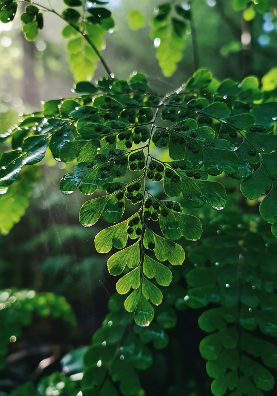 特寫鐵線蕨葉片背面水珠滴落，微距攝影，翠綠深綠色調，清晨水霧質感