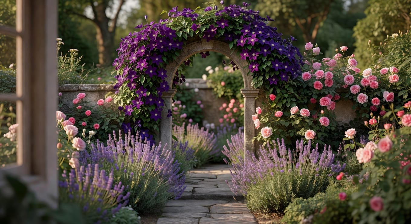 庭院入口拱門鐵線蓮爬藤紫色花朵盛開，兩側薰衣草與粉紅薔薇，石板路延伸，午後溫暖花園氛圍