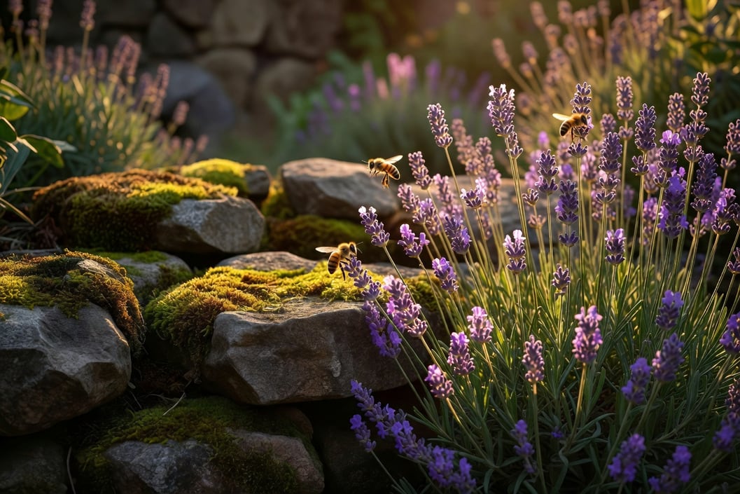 庭院入口特寫：苔蘚石頭旁紫色薰衣草，蜜蜂停花，柔焦背景，黃金光線，細膩自然感
