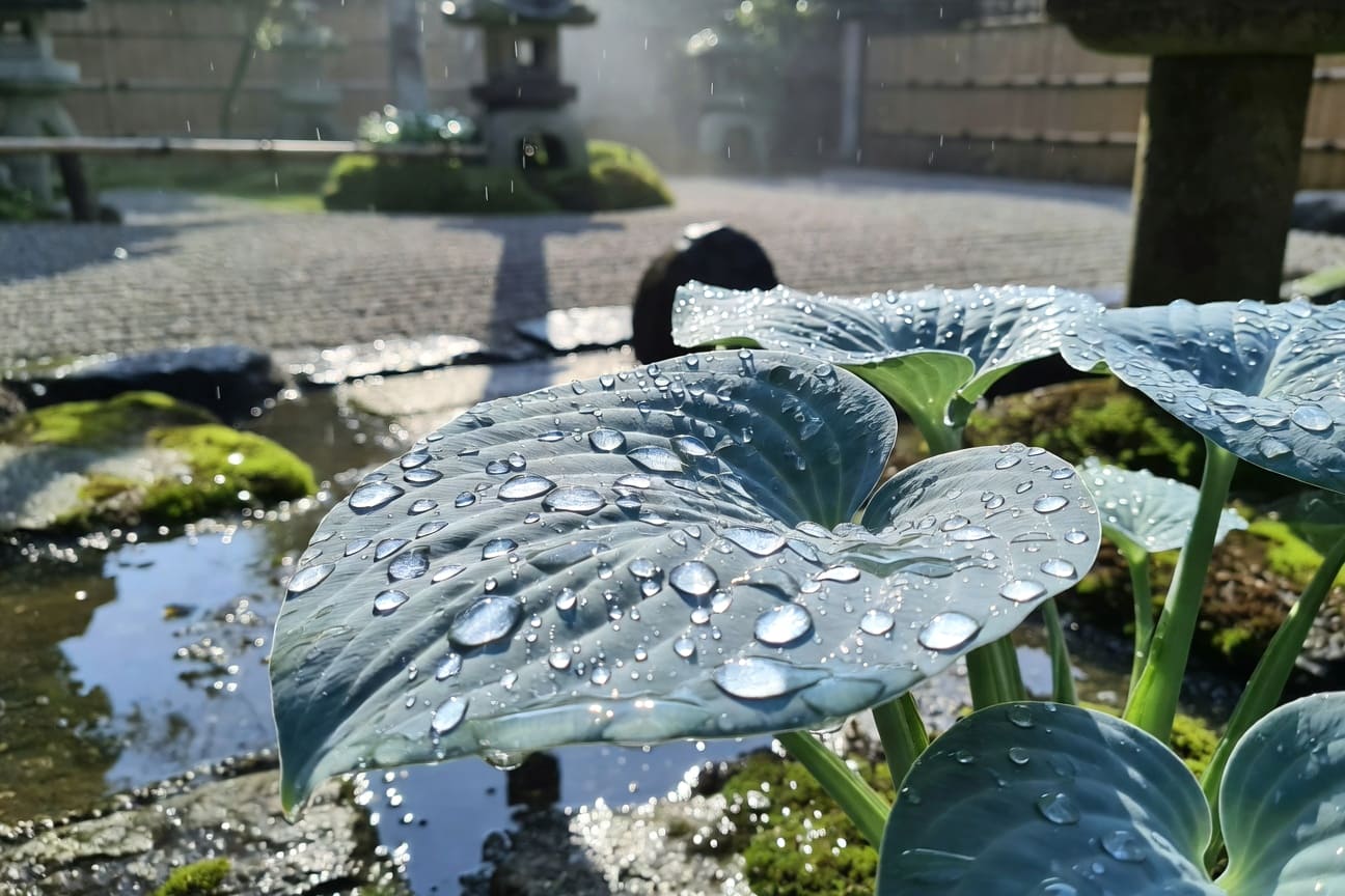 雨後庭院玉簪葉片特寫，水珠折射光線，淺藍綠色背景模糊，展現日本禪意細膩靜謐氛圍。