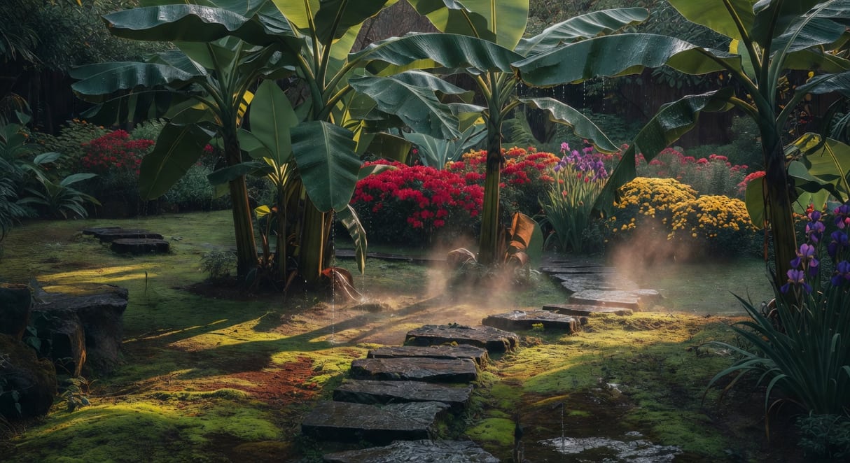 雨後台灣花園青苔石板路、芭蕉葉片滴水、遠處鮮豔花境，霧氣與傍晚光線的東方自然美學。