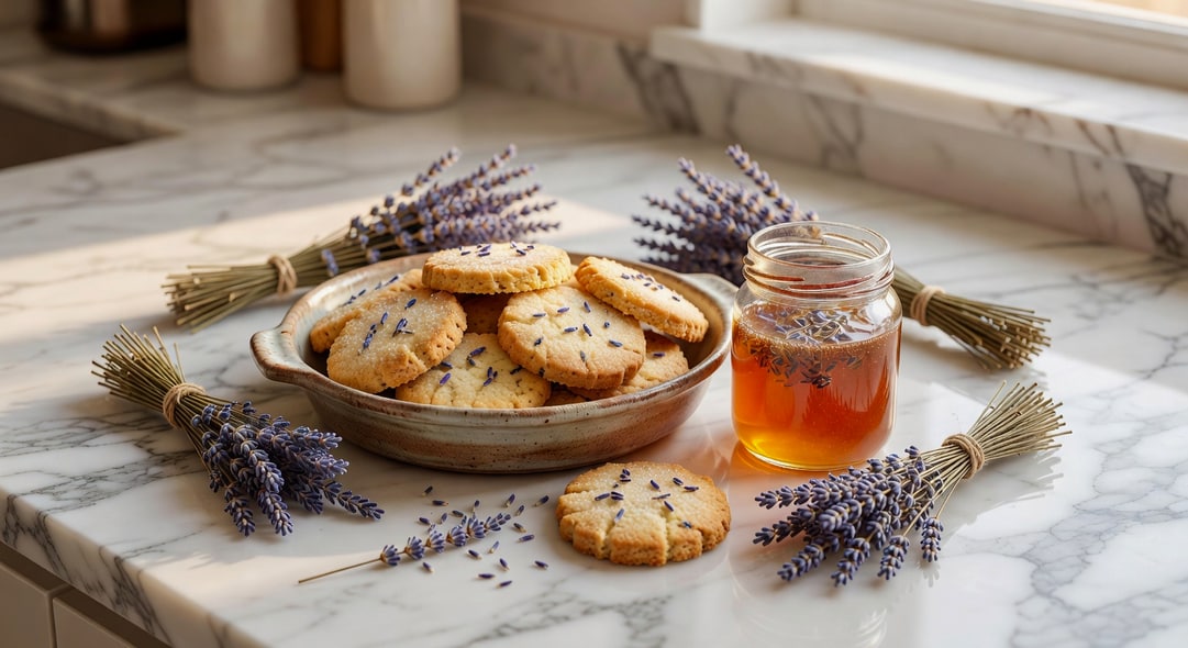 廚房大理石台上食用薰衣草蜂蜜、餅乾和乾燥束，法式陶器，溫暖光線。