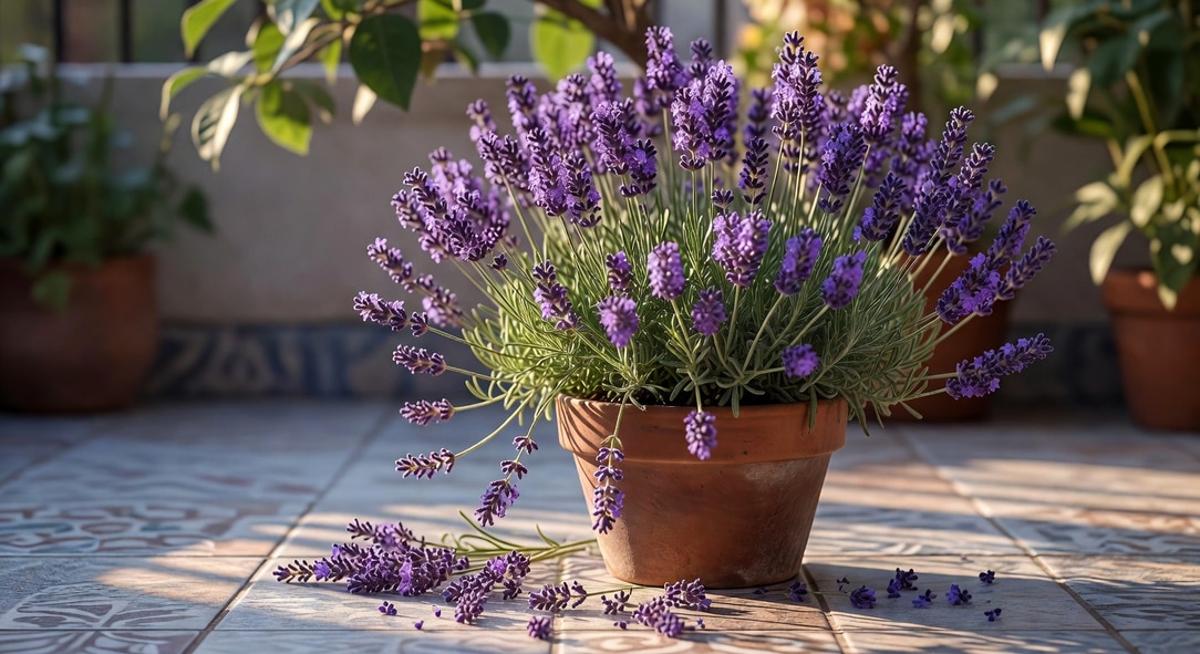 台灣陽台英國薰衣草盆栽特寫，飽滿花穗陶盆種植，手摘花苞，清爽香草氛圍。