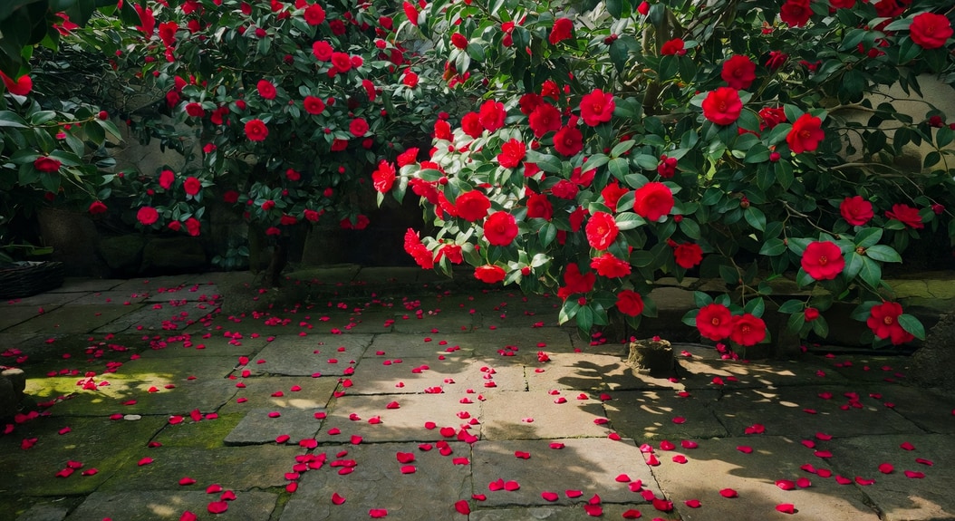 台灣小庭院春日景色：山茶花紅色花朵盛開，常綠葉片背景，石板地面落花，斑駁陽光，溫潤東方庭院風格，無人物