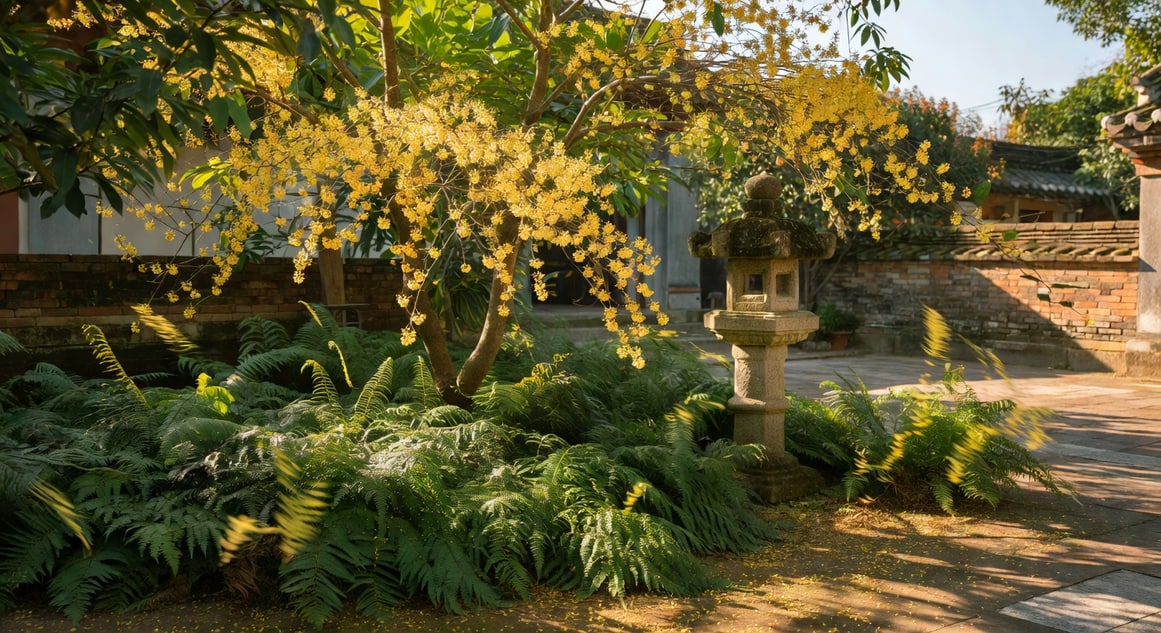 小庭院常綠植物角落：桂花樹下種植蕨類地被，石燈籠點綴，台灣傳統元素，秋日斜光穿透樹葉，溫暖懷舊氛圍