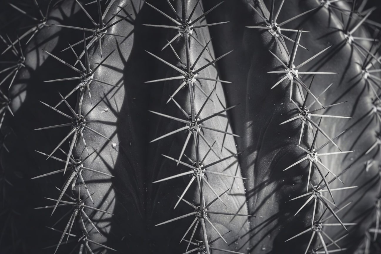 仙人掌稜脊與刺超近特寫，側光製造長陰影，刺尖反光，黑白低飽和色調，抽象幾何藝術。