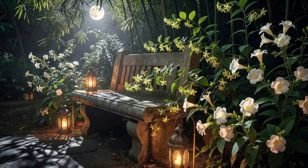 戶外石凳旁夜來香與白色花煙草，燭光燈籠點綴月光竹葉灑落，台灣夏夜溫柔浪漫無人景
