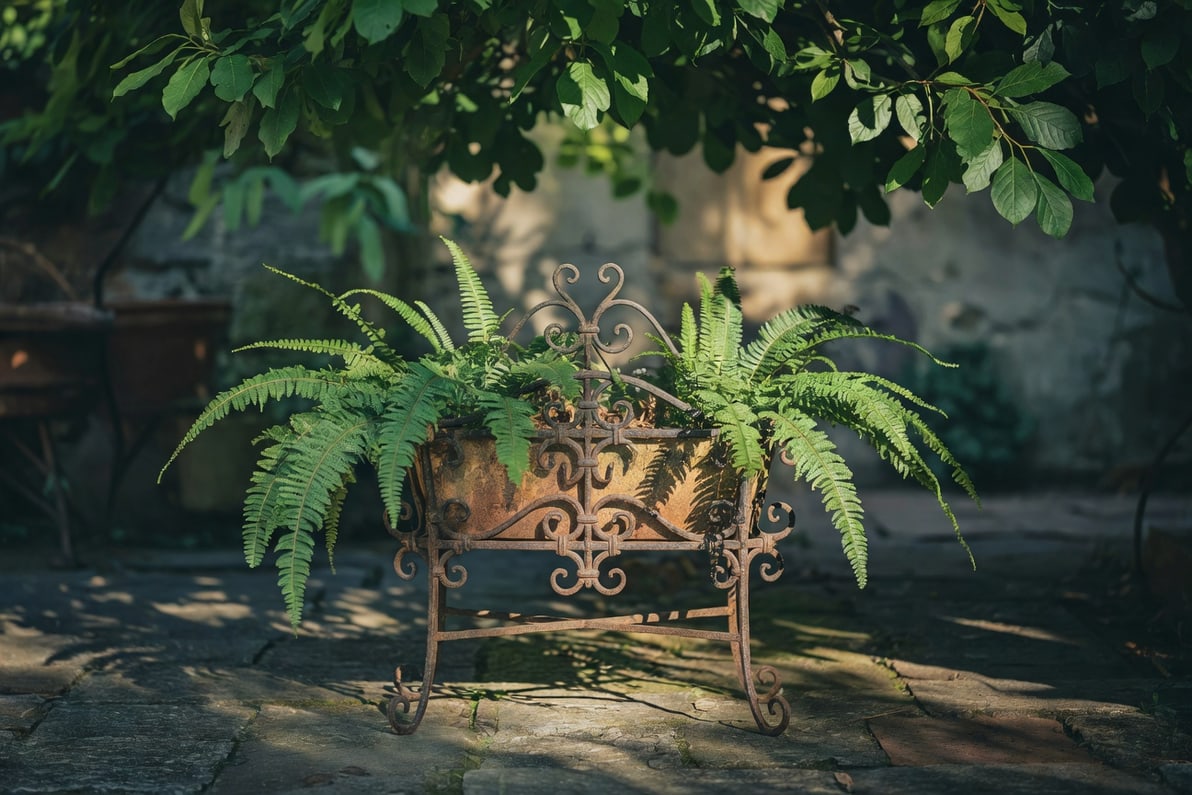 法式鑄鐵花盆種植蕨類植物，置石板地面，斑駁光線下翠綠葉片與鏽橙對比，細膩園藝美學