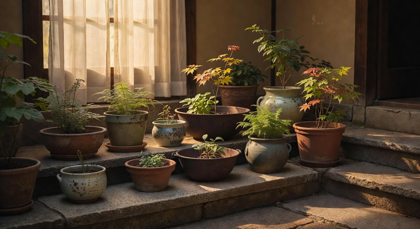 庭院復古花器陳列，不同尺寸舊陶鑄鐵盆擺石台階，種植多樣植物，秋日暖光日歐混搭優雅構圖