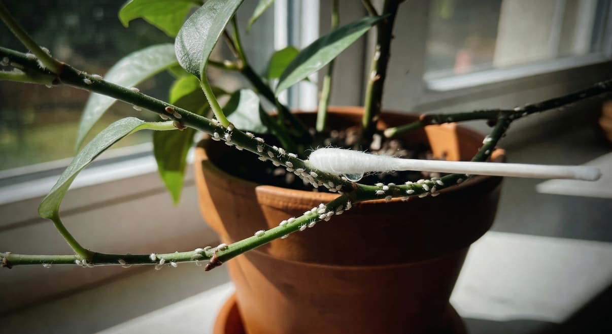 園丁用棉花棒蘸酒精清除盆栽枝條上的白色粉介殼蟲，室內窗台背景。