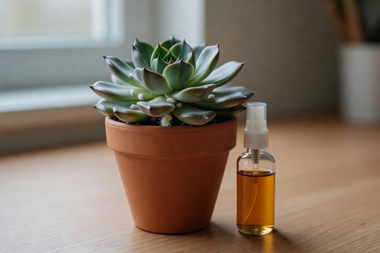多肉植物葉腋有白色棉絮狀粉介殼蟲，旁邊放一瓶苦楝油噴霧，整潔桌面背景。