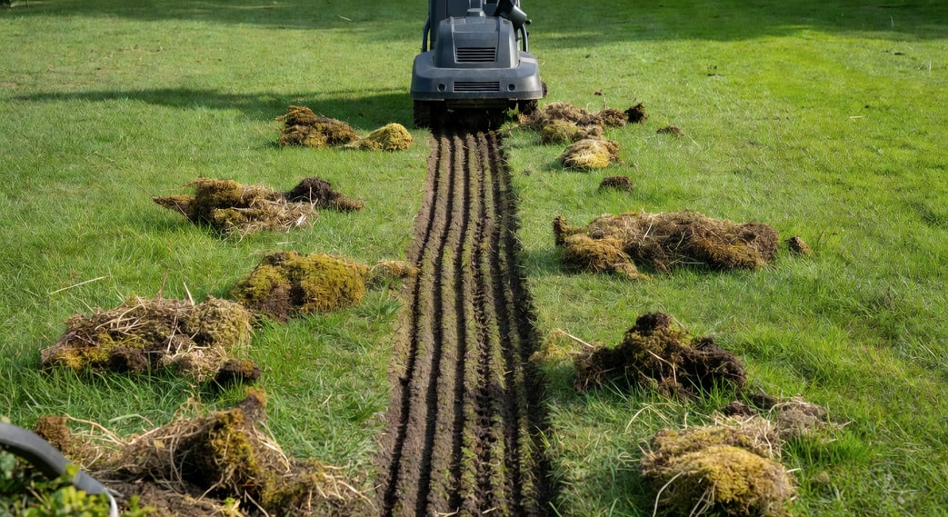 園丁用電動去苔機清理草坪，留下淺溝和苔蘚，自然光，無特寫。