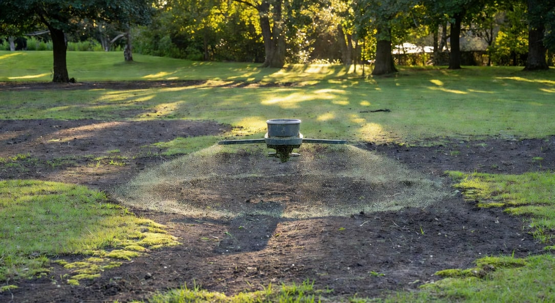 草坪去苔後播種器撒布草籽，背景已清理草地，清晨光線，無人物。