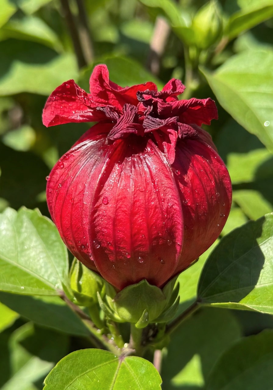 近拍洛神花深紅花萼特寫，花瓣凋落，飽滿如燈籠，帶露水，背景虛化綠葉。