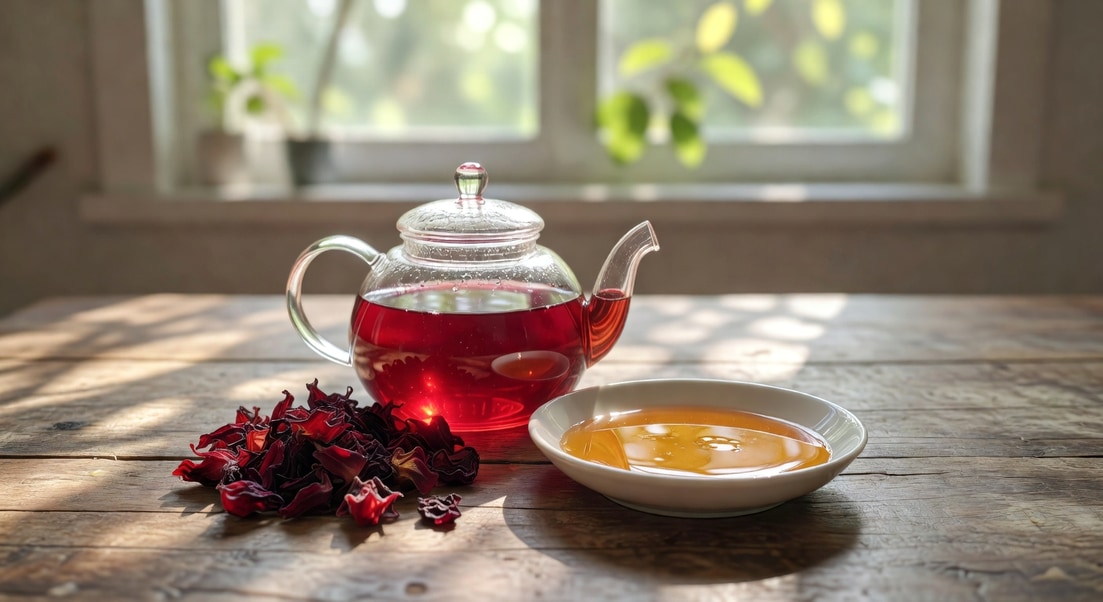 廚房桌上一壺洛神花茶，玻璃壺呈寶石紅色，旁邊乾燥花萼和蜂蜜，自然光照射。