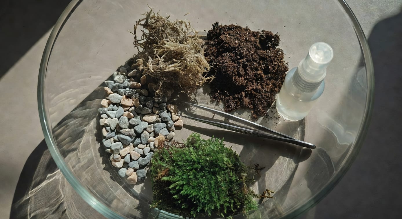 俯視生態缸製作過程，玻璃容器旁放碎石、水苔、培養土、鑷子、噴霧瓶和綠苔，柔和自然光