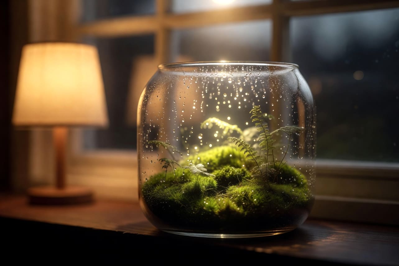 夜晚窗邊暖燈下圓柱玻璃生態缸發光，苔蘚蕨類剪影，水珠折射光點，營造寧靜微觀氛圍