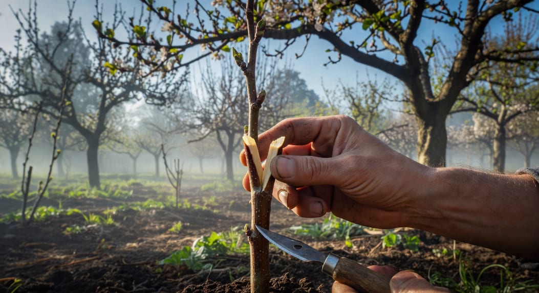 果園早春景，園藝師用舌接法嫁接幼苗，雙手扣合削好的接穗與砧木，背景模糊果樹和薄霧。